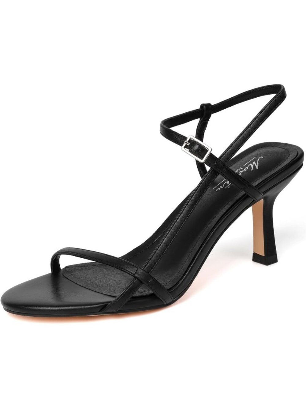 Women's Strappy Square Open Toe Heel Black Sandals Ankle Strap Stiletto Heel